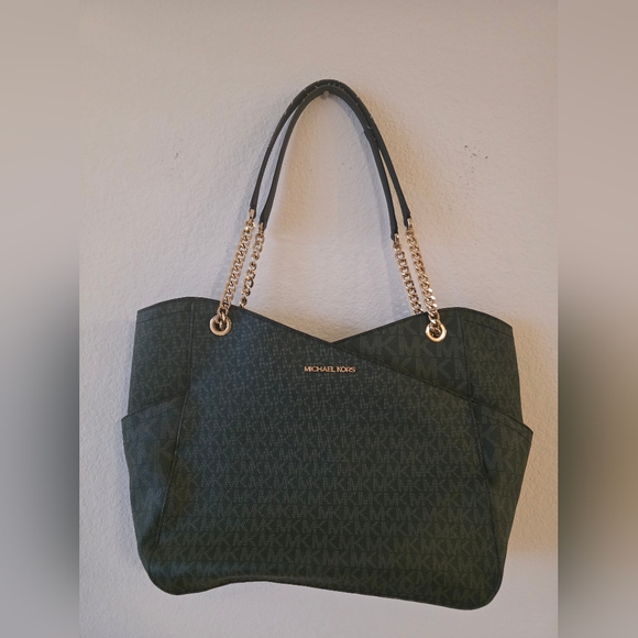 Michael Kors Handbags - Michael Kors Dark Green Logo Chain-Handle Tote Jet Set Travel Large Signature